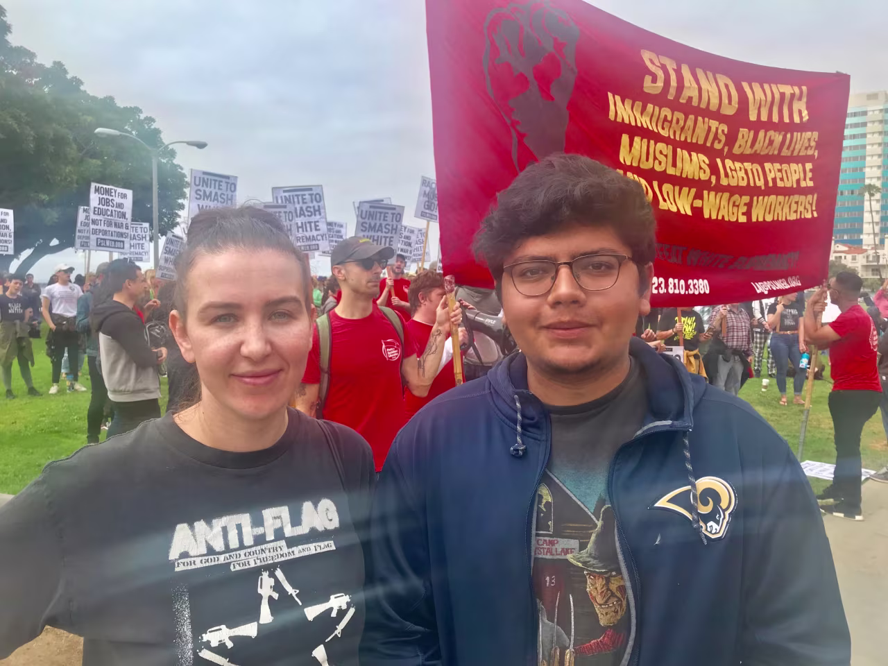 Irena Slovskayah and Sebastian Ramirez attended an anti-hate rally in Long Beach, California, on Sunday.