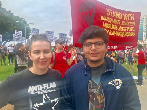 Irena Slovskayah and Sebastian Ramirez attended an anti-hate rally in Long Beach, California, on Sunday.