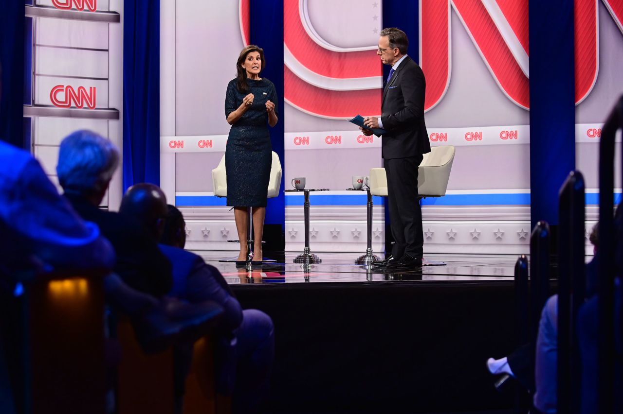 Former South Carolina Gov. Nikki Haley participates in a CNN Republican Presidential Town Hall moderated by CNN’s Jake Tapper at New England College in Henniker, New Hampshire, on January 18, 2024.