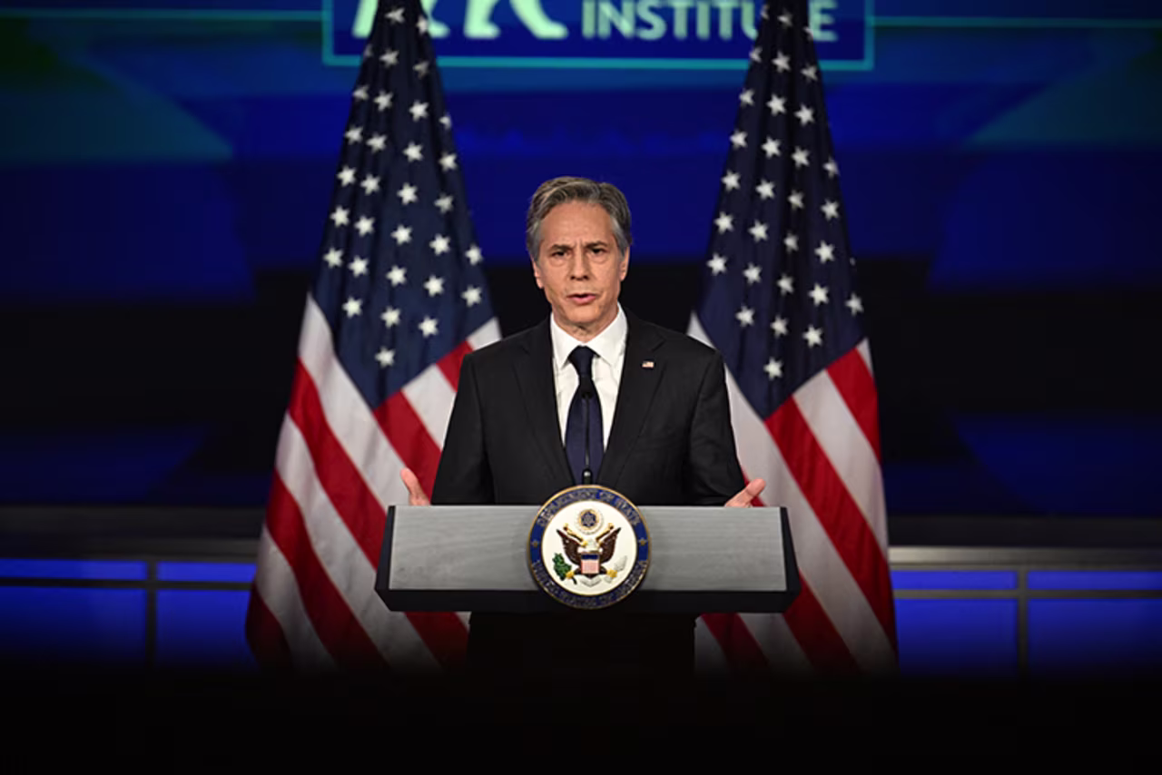 US Secretary of State Antony Blinken speaks about US policy towards China during an event hosted by the Asia Society Policy Institute at George Washington University in Washington, DC, on May 26.