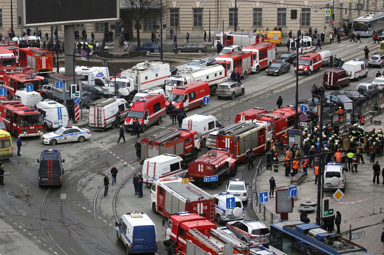 Emergency services are seen on the scene of the deadly 2017 metro blast in St. Petersburg. 