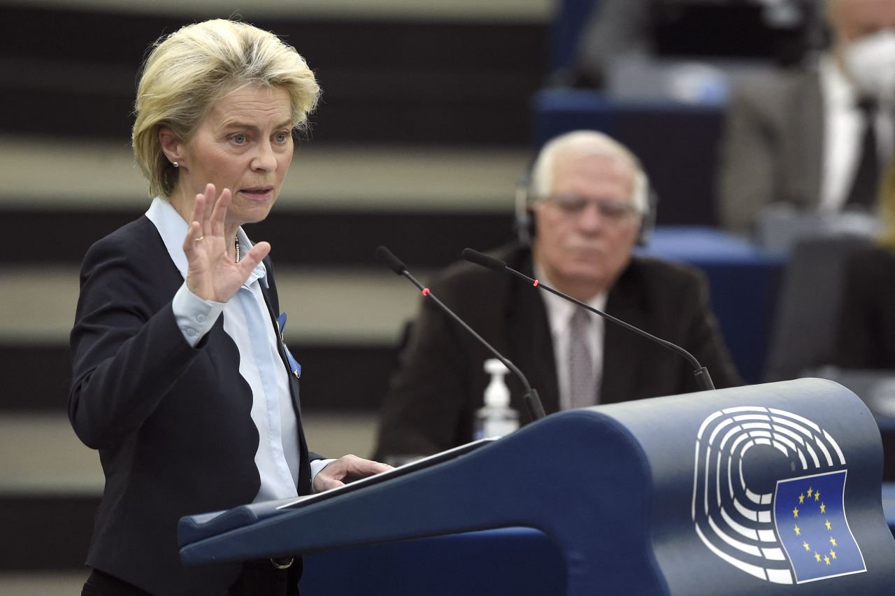 European Commission President Ursula von der Leyen gestures as she speaks during a debate at a plenary session at the European Parliament in Strasbourg, France, on April 6.