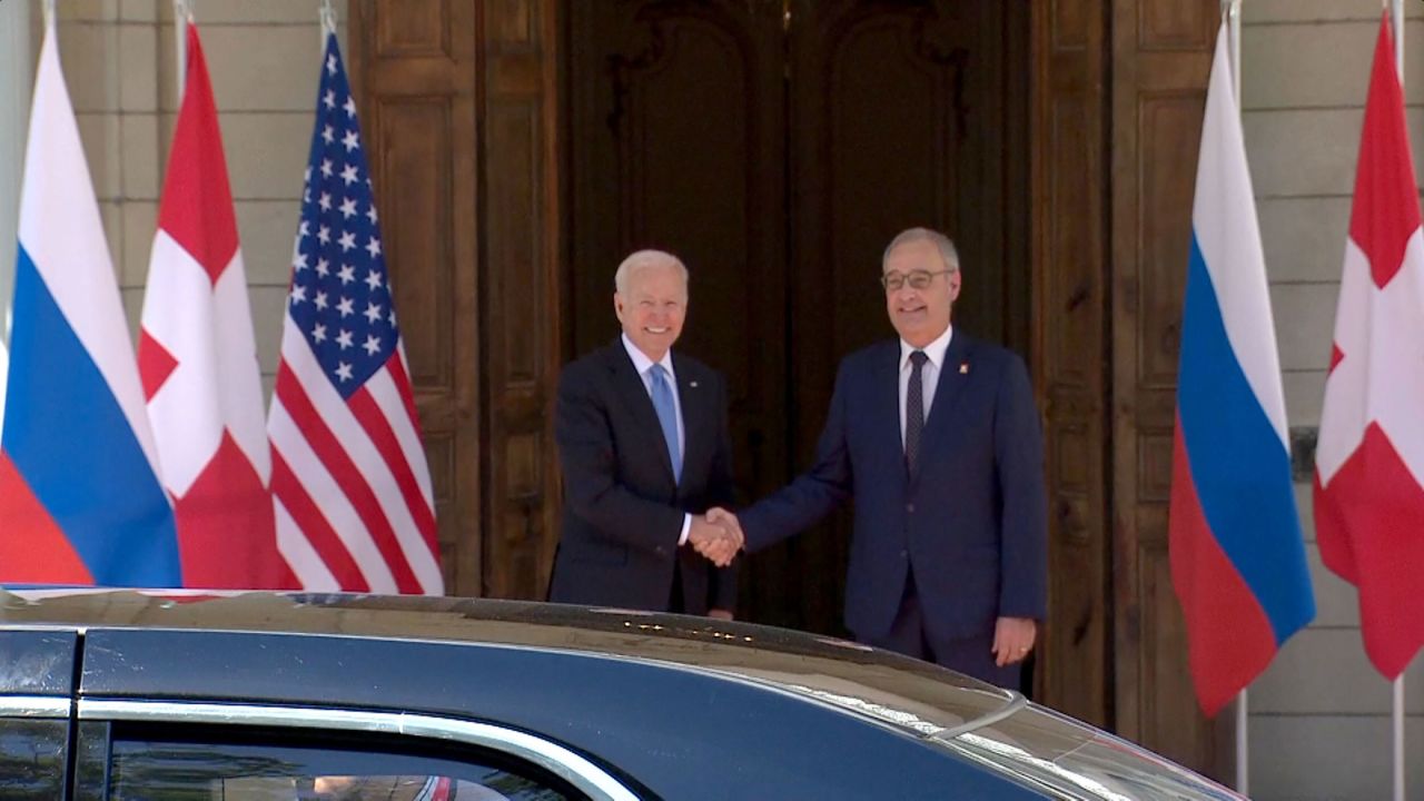 President Joe Biden is greeted to the summit site by Swiss President Guy Parmelin.