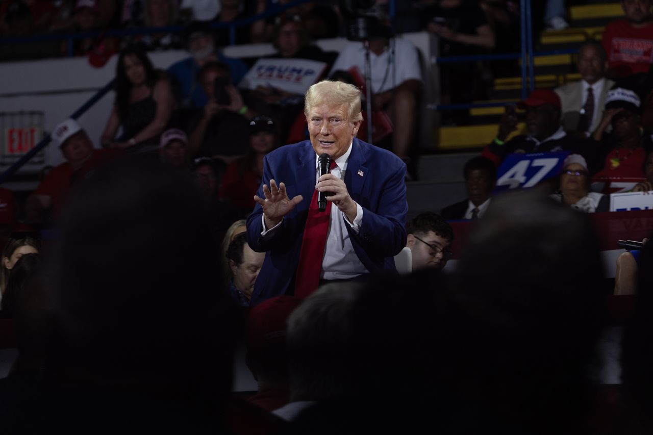 Republican presidential nominee and former U.S. President Donald Trump speaks at a campaign event in Flint, Michigan, on September 17.?