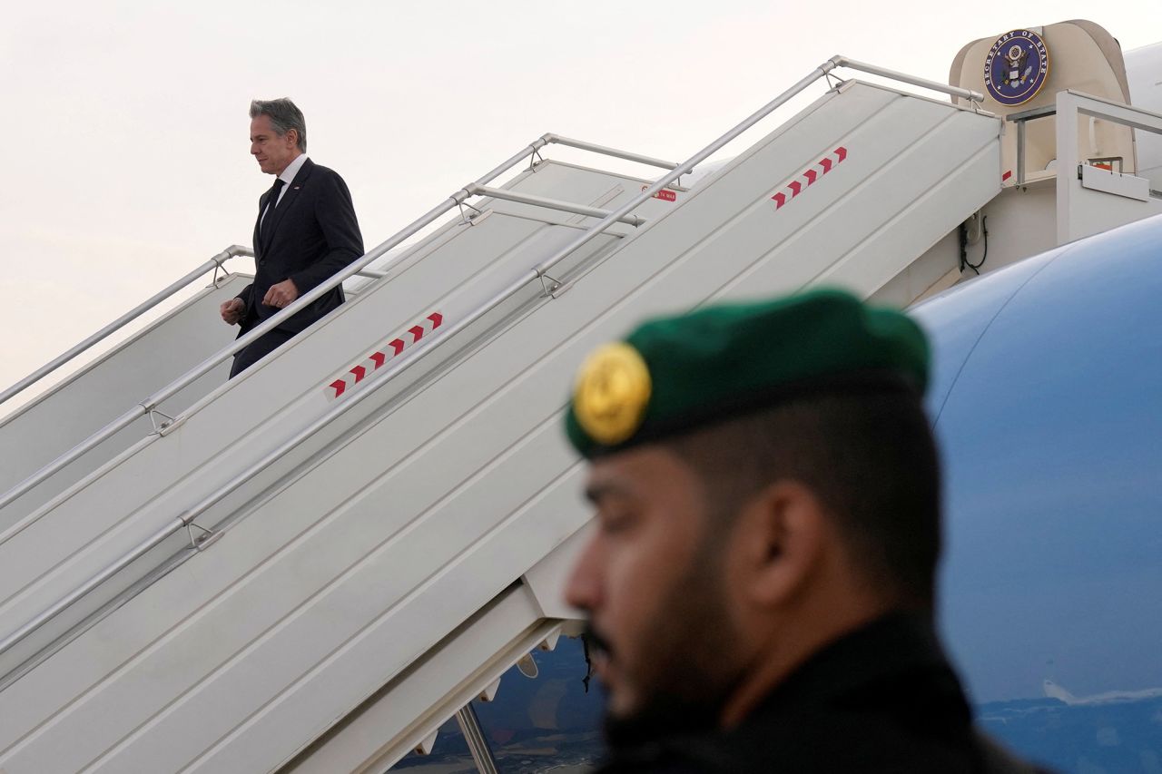 U.S. Secretary of State Antony Blinken disembarks from the plane upon arriving at King Khalid International Airport, in Riyadh, Saudi Arabia, on February 5.