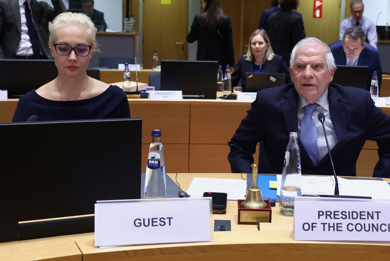 Yulia?Navalnaya, the widow of Alexei Navalny, sits next to European Union Foreign Policy Chief Josep Borrell, as she takes part in a meeting of European Union foreign ministers in Brussels, Belgium, on February 19.