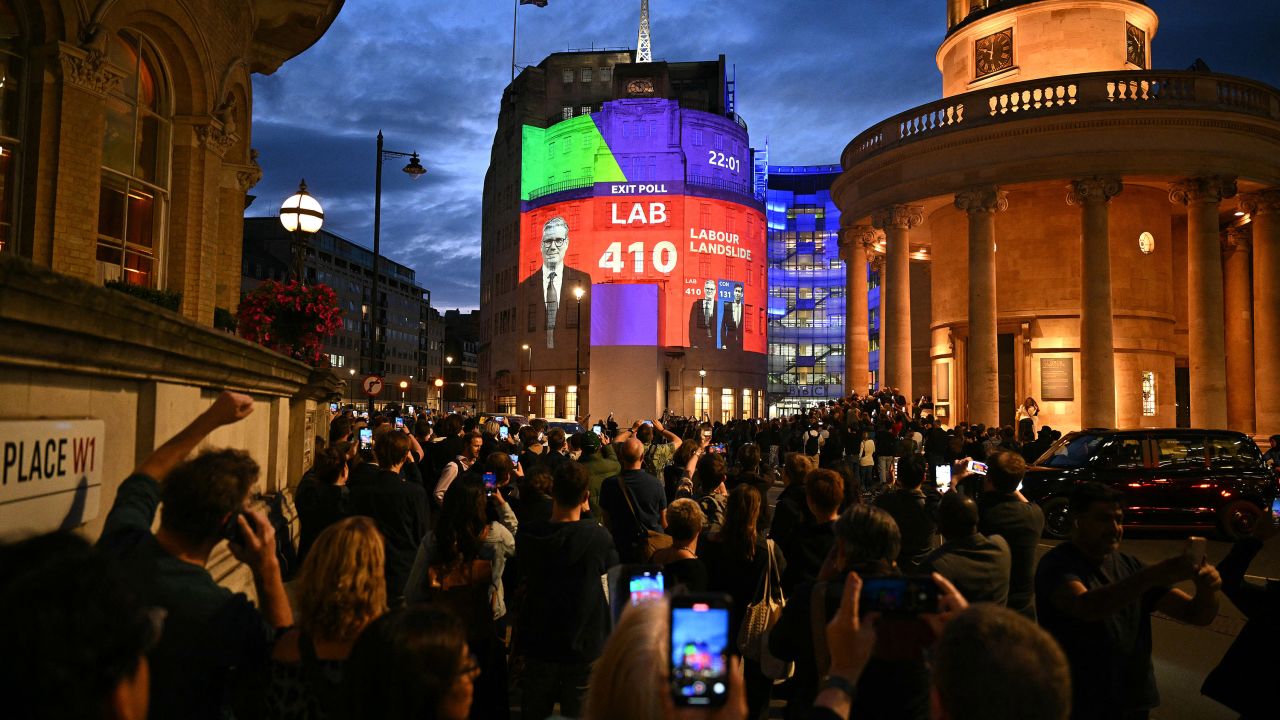 An exit poll is projected onto BBC Broadcasting House in London, on July 4. 