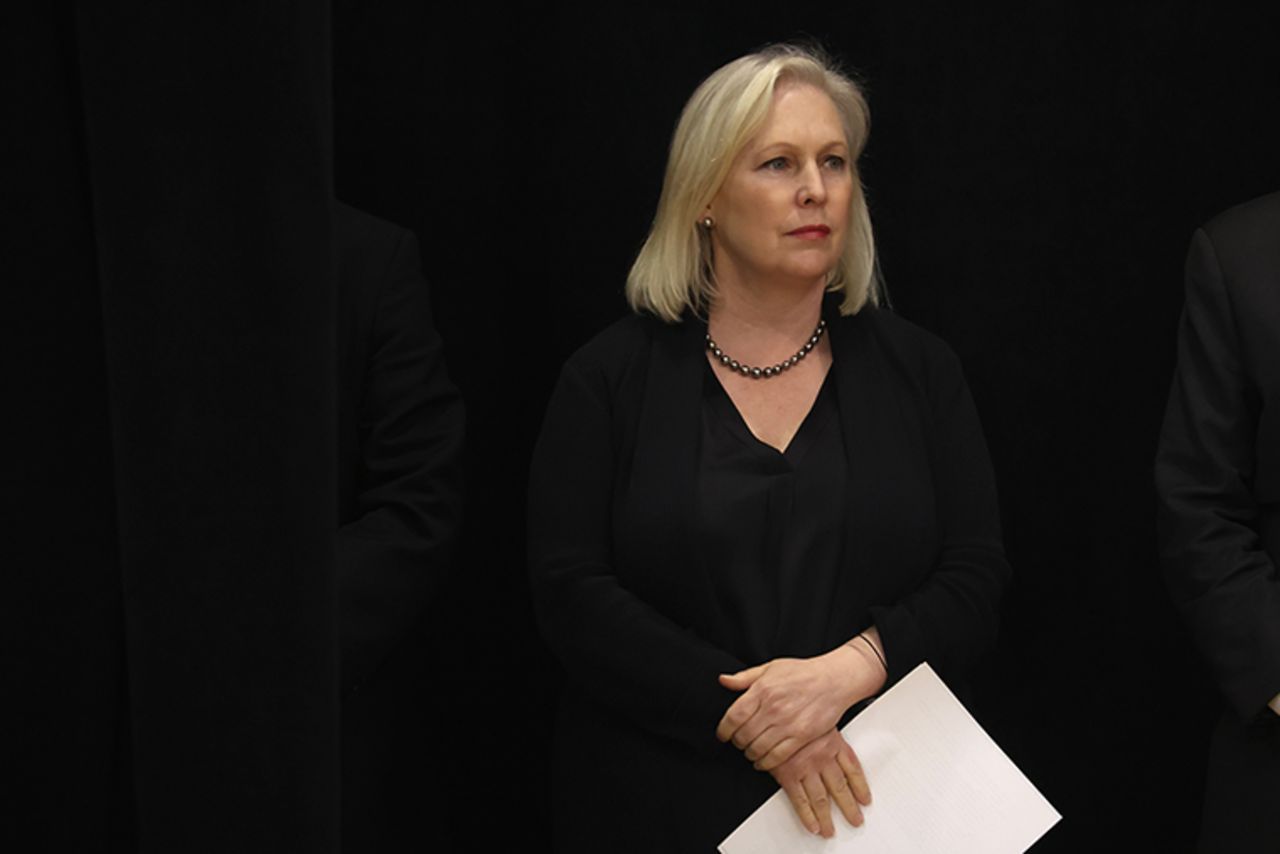 U.S. Senator Kirsten Gillibrand (D-NY) during an event with President Joe Biden and several family members of victims of the Tops market shooting at the Delavan Grider Community Center on May 17 in Buffalo, New York.?