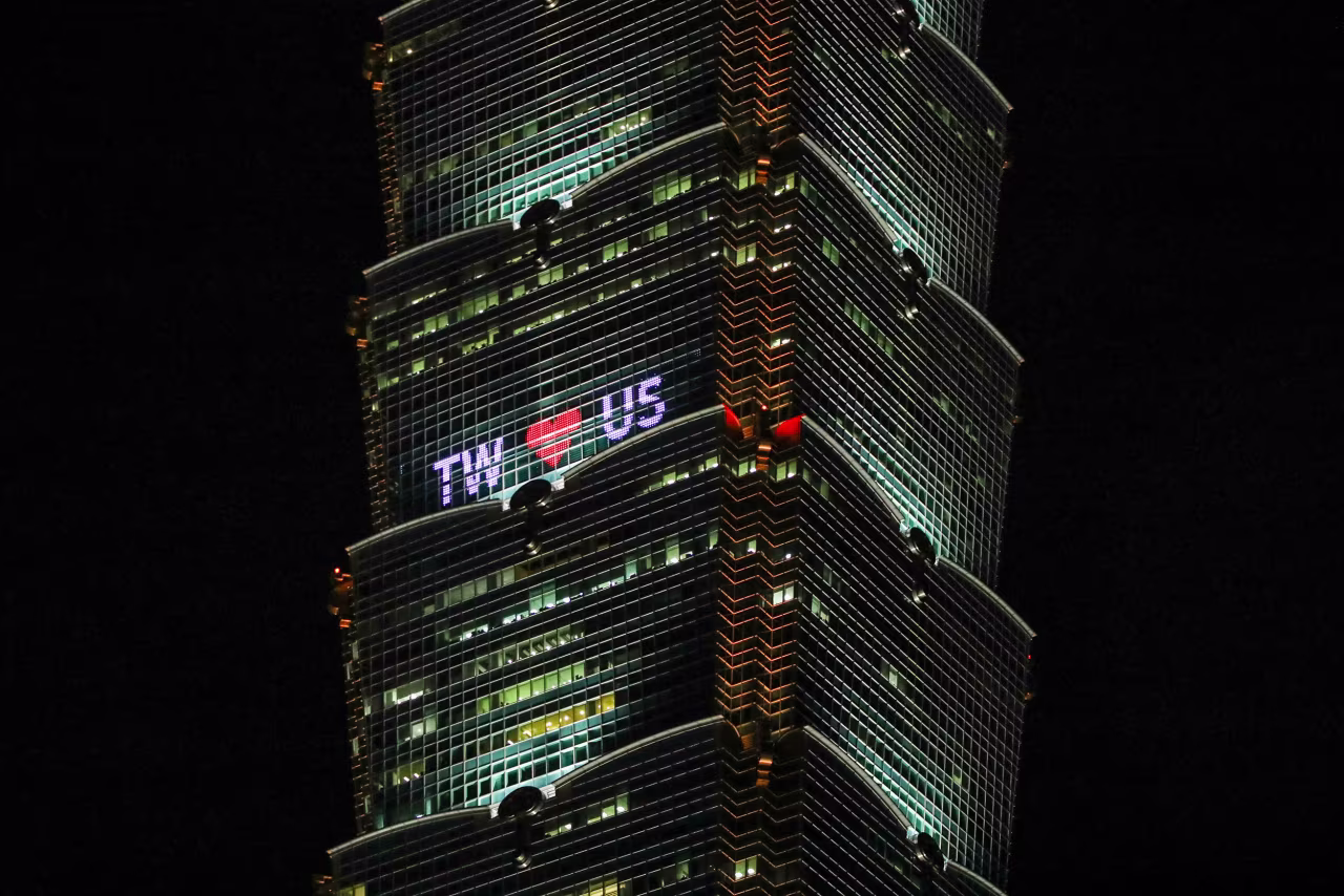 The Taipei 101 building lit up with a message reading "TW hearts US" as a welcome sign for US House Speaker Nancy Pelosi's visit in Taipei, Taiwan, on August 2.
