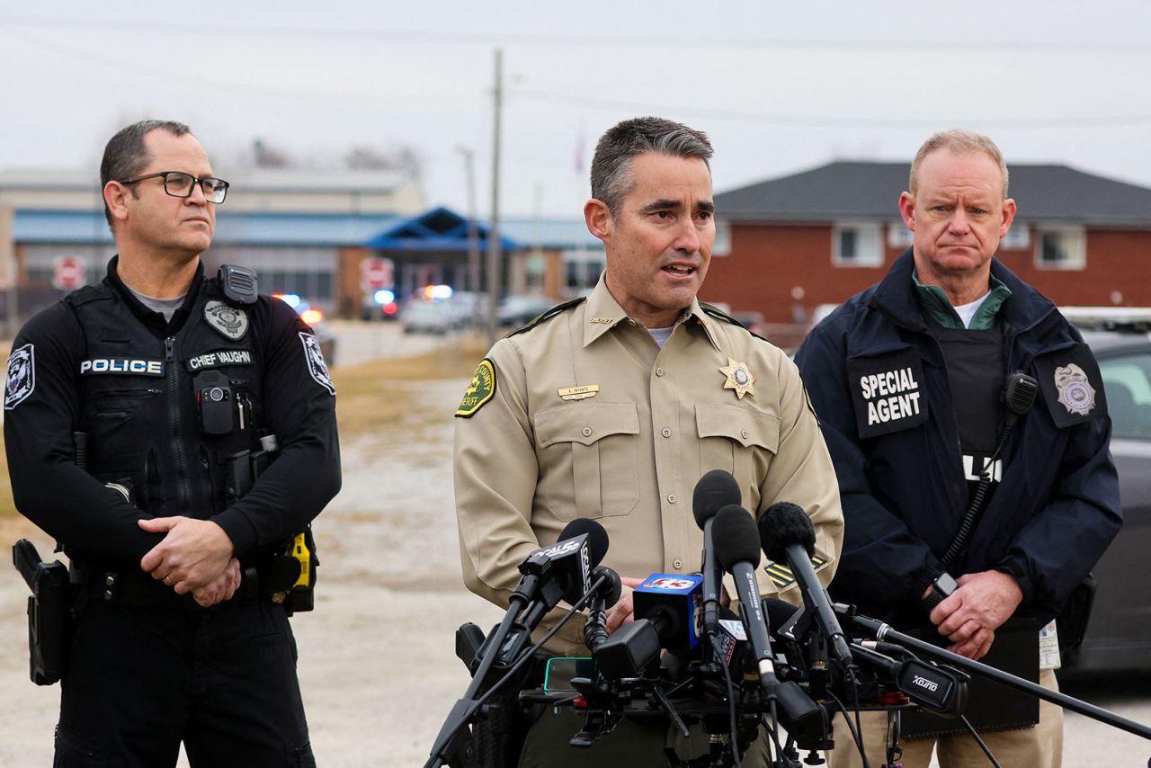 Dallas County Sheriff Adam Infante speaks to the media following a shooting at Perry High School in Perry, Iowa, on Thursday.