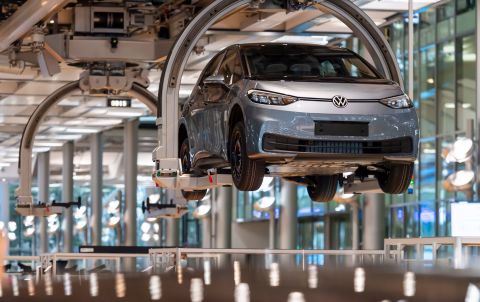 A Volkswagen ID.3 moves along an assembly line in Dresden, Germany, on January 29.