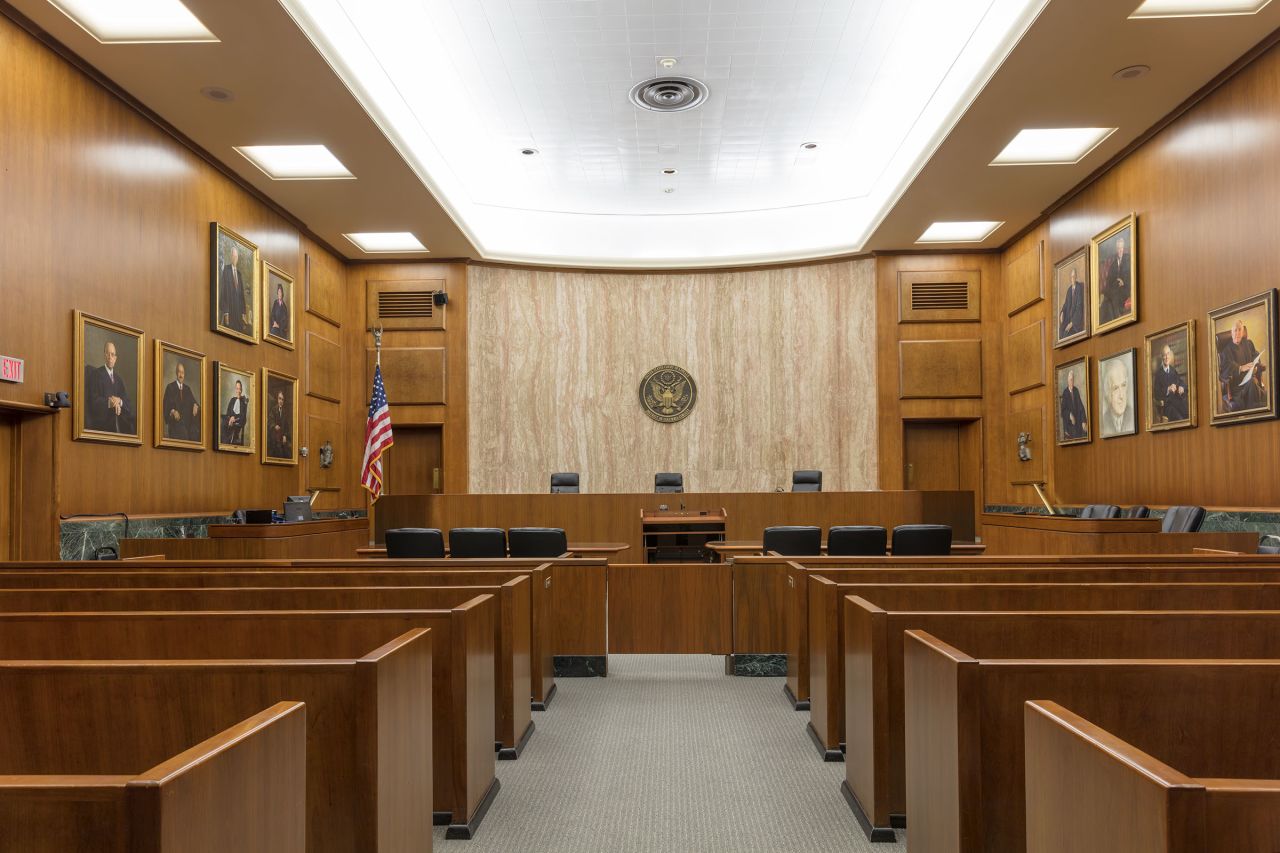 Courtroom in the historic E. Barrett Prettyman Federal Courthouse.