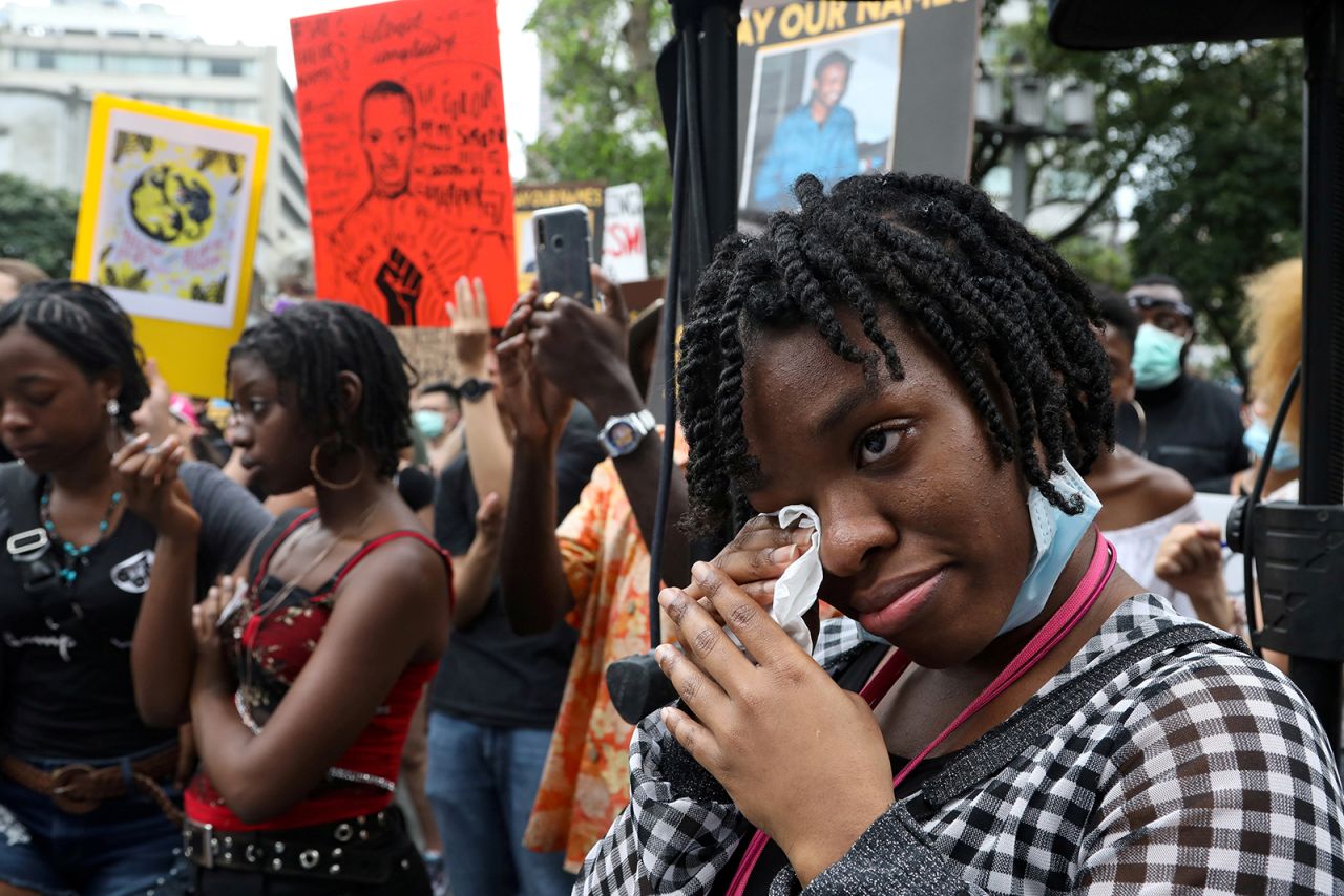 A woman wipes her tears while attending a Black Lives Matter rally in Taipei,?Taiwan, on June 13.