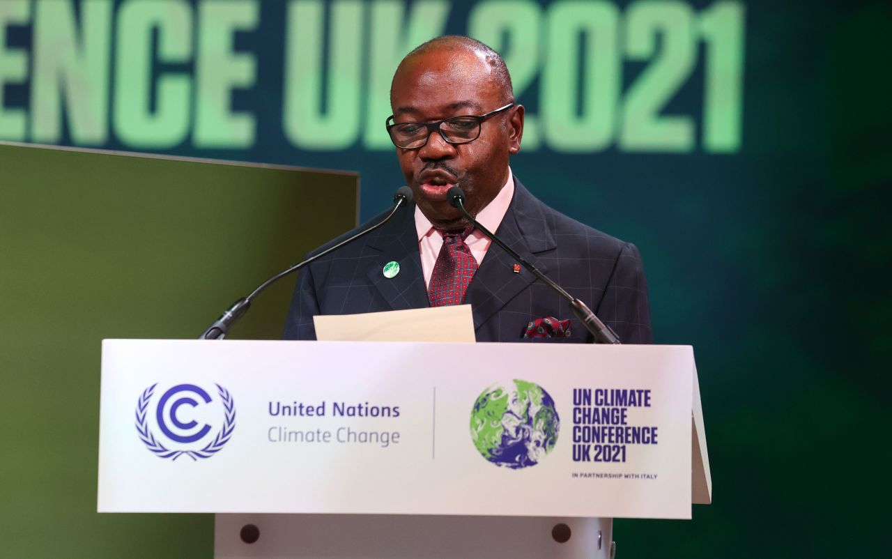 Gabon's President Ali Bongo Ondimba speaks at COP26 in Glasgow, Scotland, on November 2.