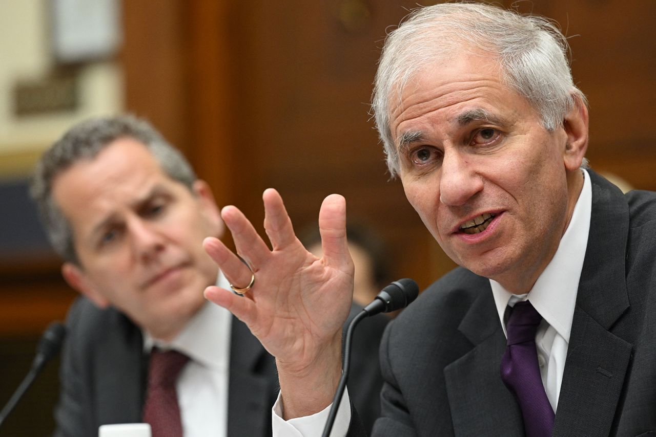 Michael Barr, vice chair for supervision of the board of governors of the Federal Reserve (L), looks on as Martin Gruenberg, chairman of the board of directors of the Federal Deposit Insurance Corporation, testifies during a House Committee on Financial Services hearing on Oversight of Prudential Regulators, today on Capitol Hill.