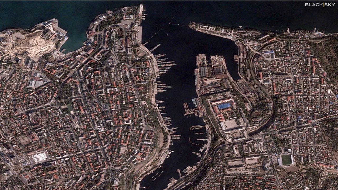 Satellite imagery indicates that a number of Russian naval ships?have been relocated?to other ports in the Black Sea following several devastating Ukrainian missile strikes on the Crimean port of Sevastopol, pictured here on October 3.