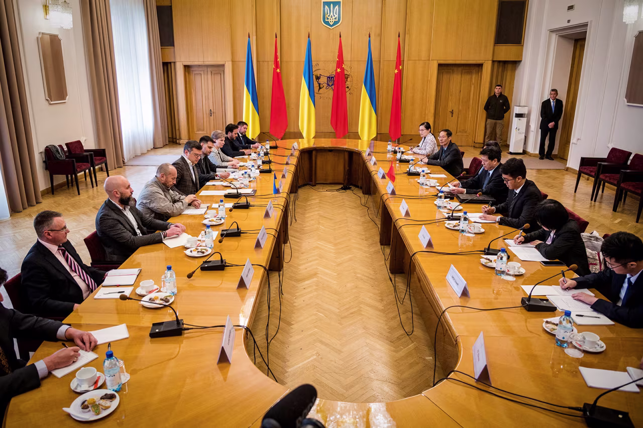 Ukraine's Foreign Affairs Minister Dmytro Kuleba attends a meeting with China's special representative on Eurasian affairs Li Hui in Kyiv, Ukraine, on May 16. 