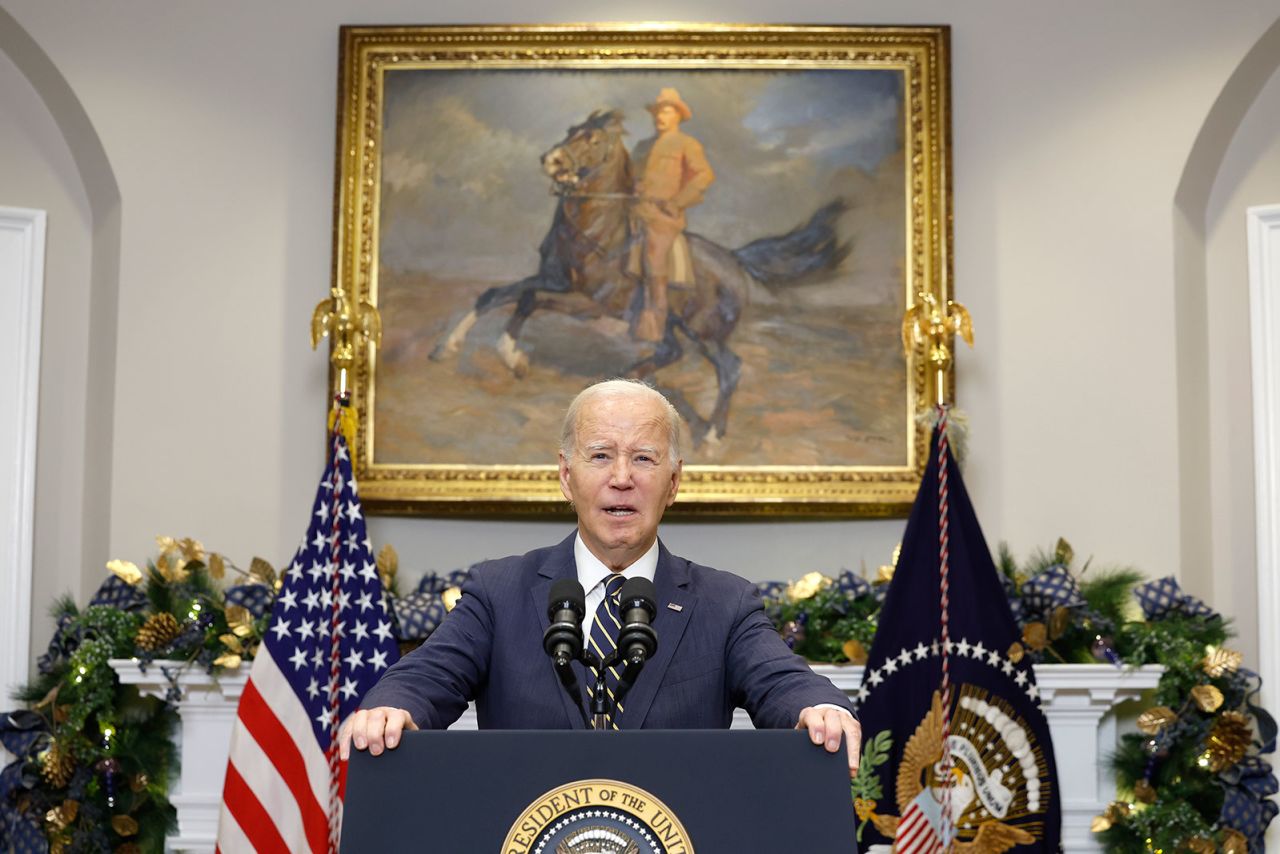 President Joe Biden delivers a statement urging Congress to pass his national security supplemental from the Roosevelt Room at the White House on December 06, 2023 in Washington, DC. The security budget supplemental request included includes funding to support Israel, Ukraine and added security along the U.S.-Mexico border. 