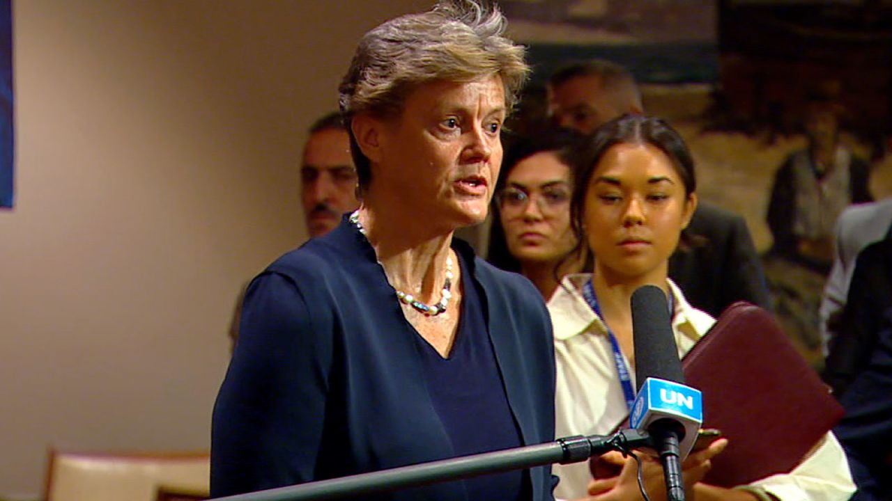 The United Kingdom's ambassador to the United Nations, Dame Barbara Woodward, speaks to reporters ahead of a closed-door Security Council meeting in New York on Friday, October 13.