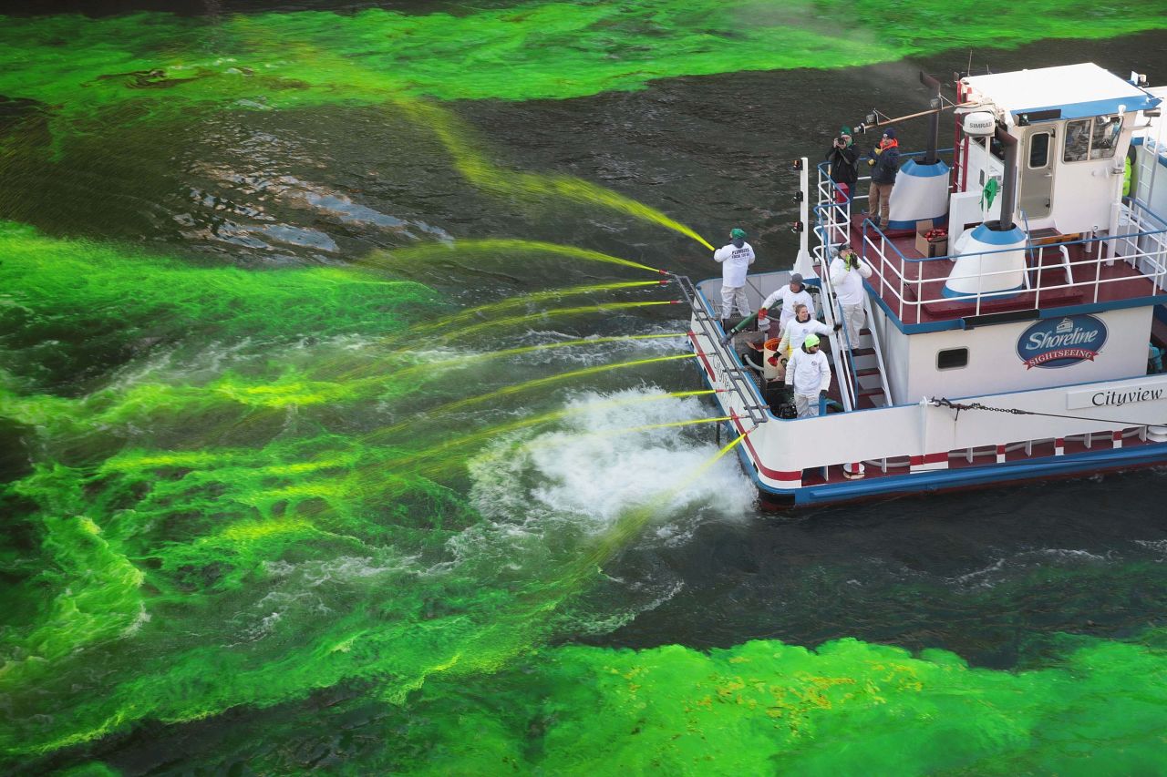 Workers dye the Chicago River green in celebration of St. Patrick's day in March 2019, in Chicago, Illinois.