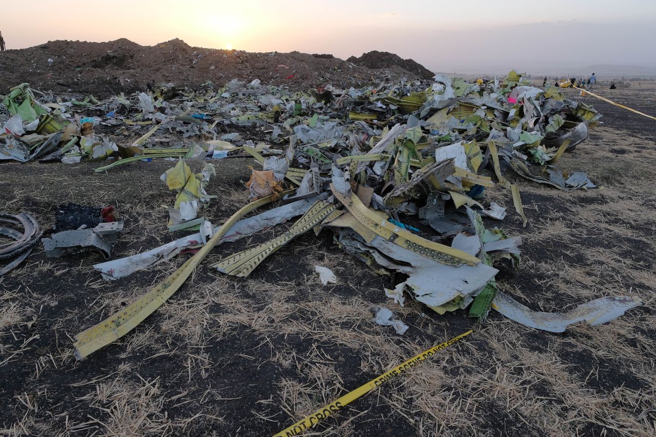 A pile of debris sits just outside the impact crater where Ethiopian Airlines Flight ET302 crashed during recovery efforts in Bishoftu, Ethiopia, on March 11, 2019.