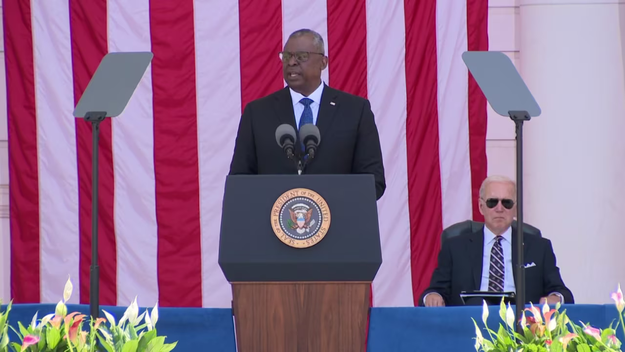 US Secretary of Defense Lloyd Austin speaks at Arlington National Cemetery on May 30.
