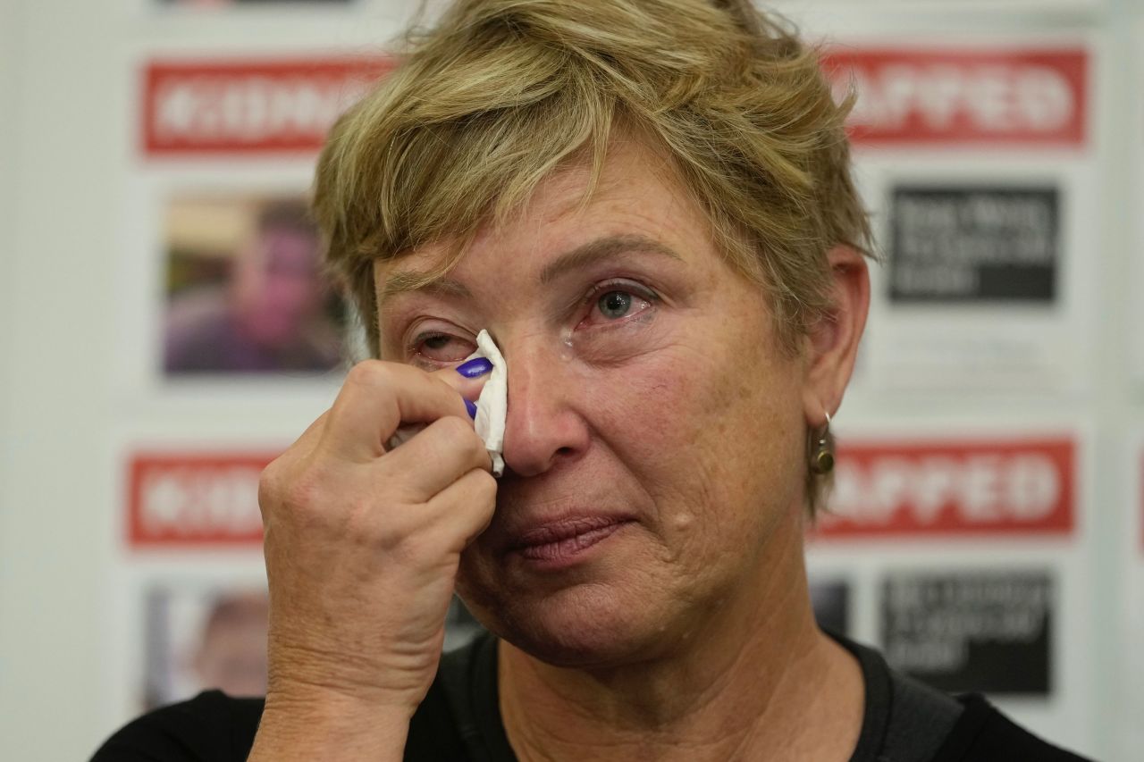 Iris Haim speaks about her son at a news conference at the Israel Embassy in London on November 20.