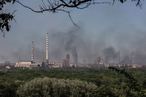 Smoke rises after a military strike on Severodonetsk's Azot Chemical Plant, in the Luhansk region, Ukraine, on June 10.