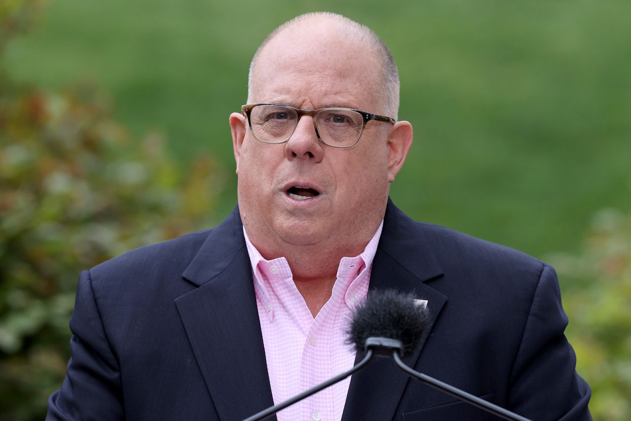 Maryland Gov. Larry Hogan talks to reporters during a news briefing about the ongoing novel coronavirus pandemic in front of the Maryland State House April 17, in Annapolis, Maryland. 