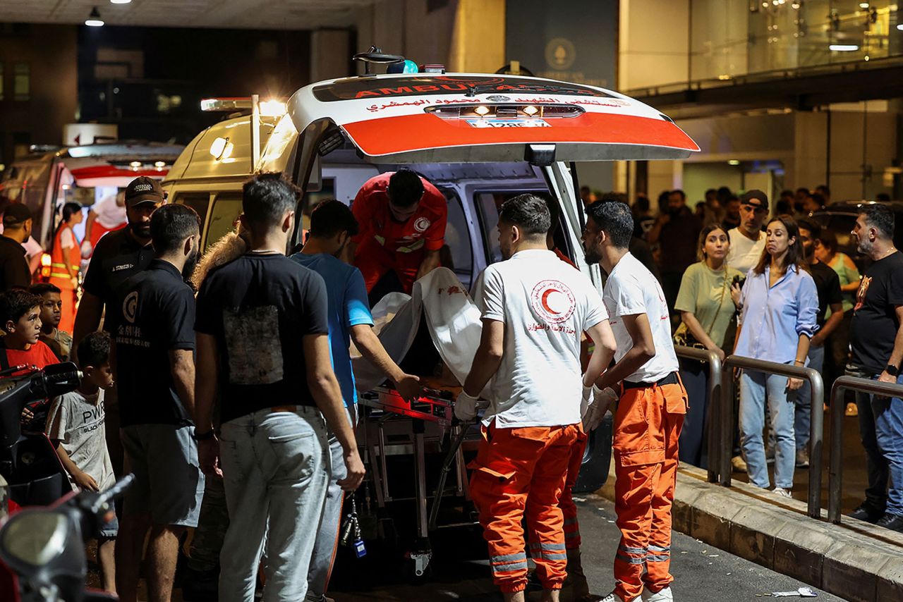 A person is carried on a stretcher outside American University of Beirut Medical Center as people, including Hezbollah fighters and medics, were wounded and killed when the pagers they use to communicate exploded across Lebanon, according to a security source, in Beirut,?Lebanon?on Tuesday, September 17. 