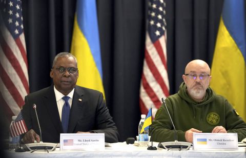 US Defense Secretary Lloyd Austin, left, and the Ukrainian participant Oleksii Reznikov, right, attend the meeting of the 'Ukraine Defense Contact Group' at Ramstein Air Base in Ramstein, Germany, on January 20.