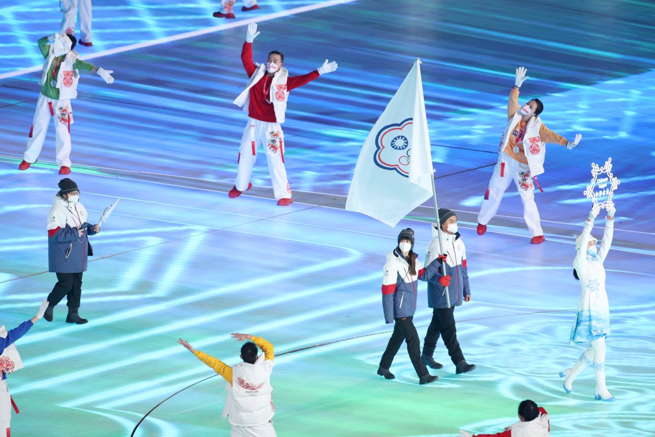 Flag bearers Ping-Jui Ho and Yu Ting Huang of Team Chinese Taipei carry their flag during the Opening Ceremony of the Beijing 2022 Winter Olympics at the Beijing National Stadium on February 04 in Beijing, China.