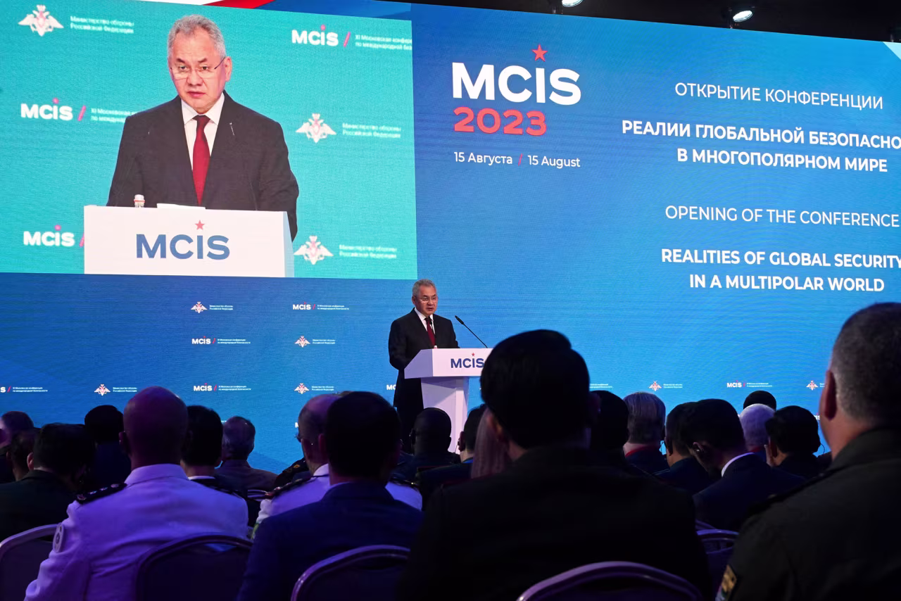 Russia's Defence Minister Sergei Shoigu addresses a speech during the Moscow Conference on International Security in Kubinka, in the outskirts of Moscow, on August 15.