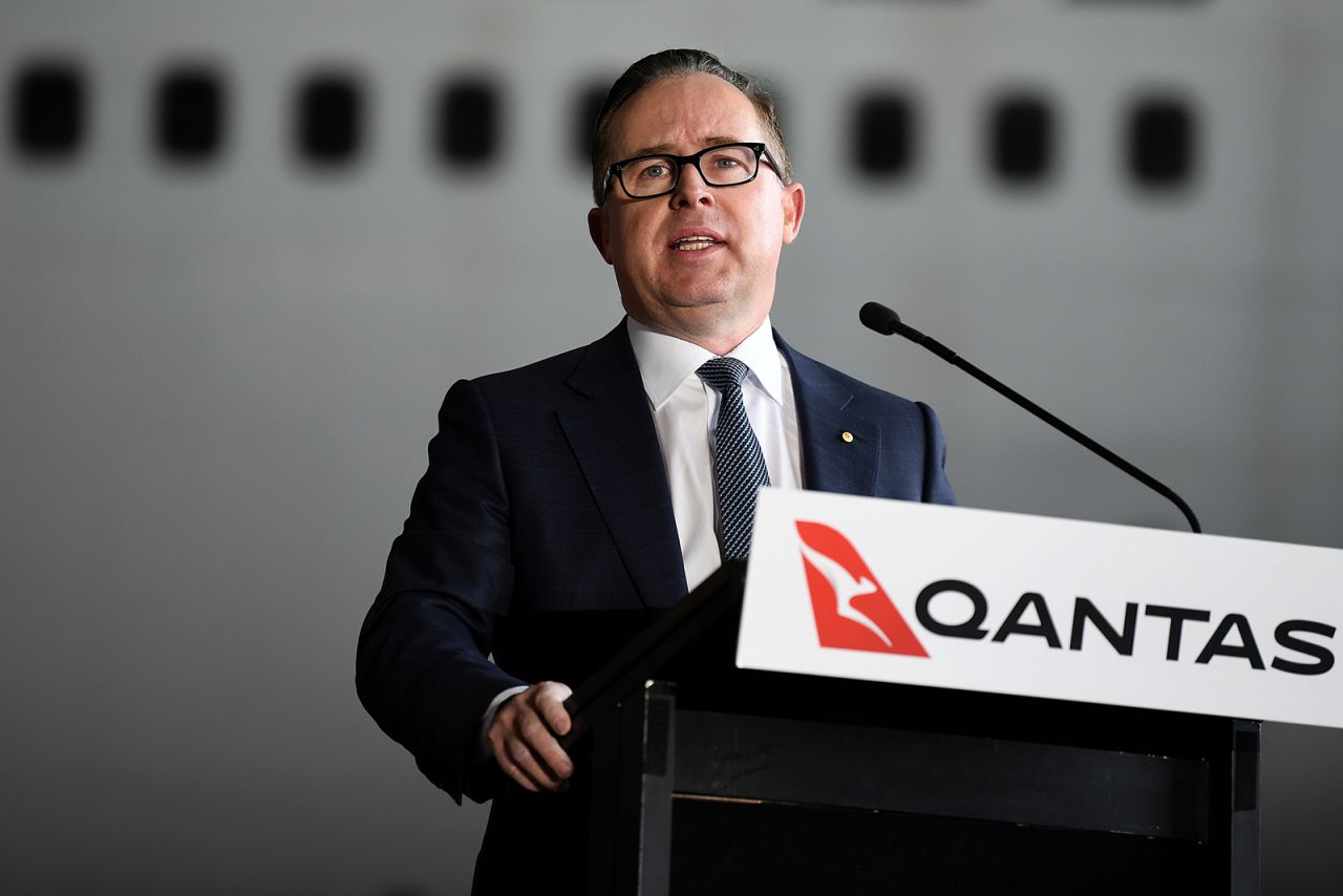 Qantas CEO Alan Joyce speaks during an official farewell event for the Qantas 747 fleet at Sydney Airport in Sydney, on July 22.