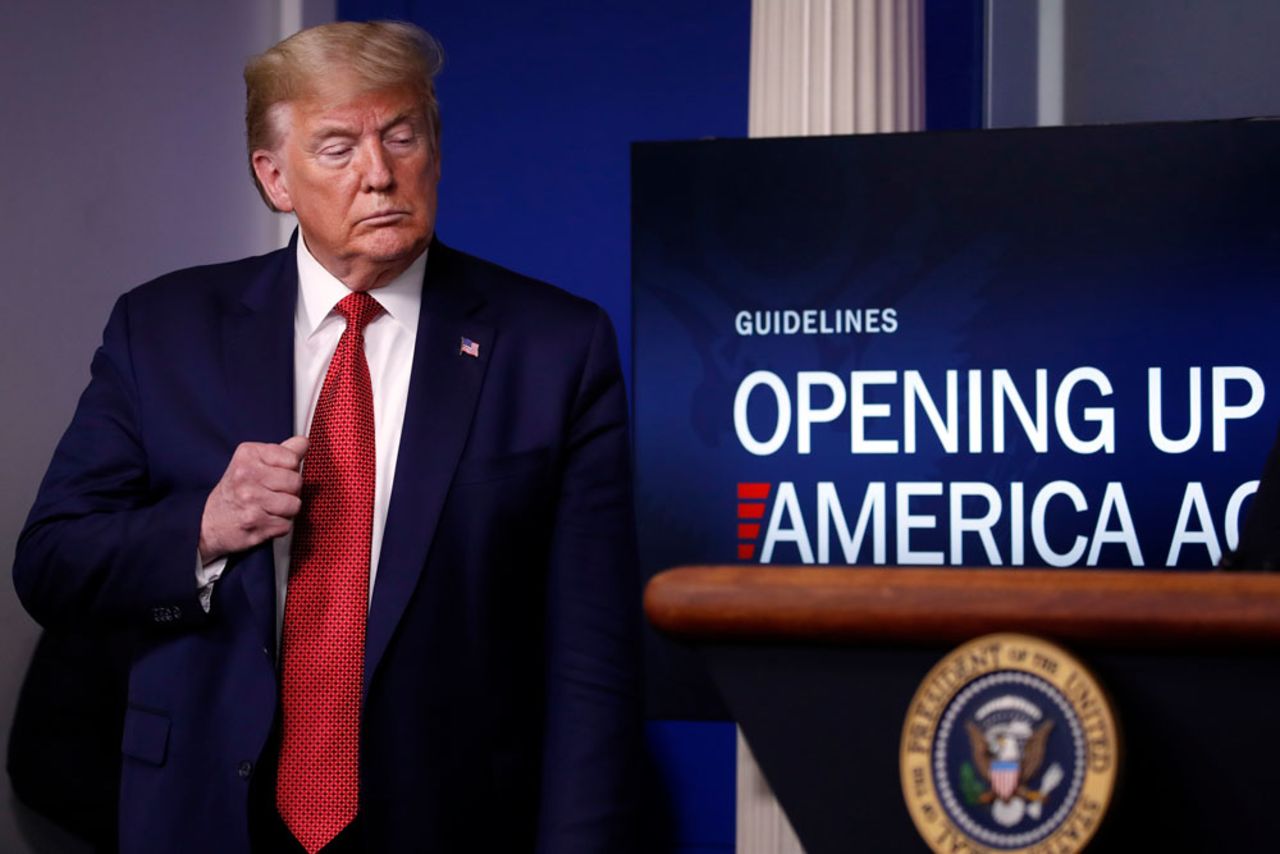 President Donald Trump listens during a briefing about the coronavirus at the White House on Thursday, April 16, in Washington. 