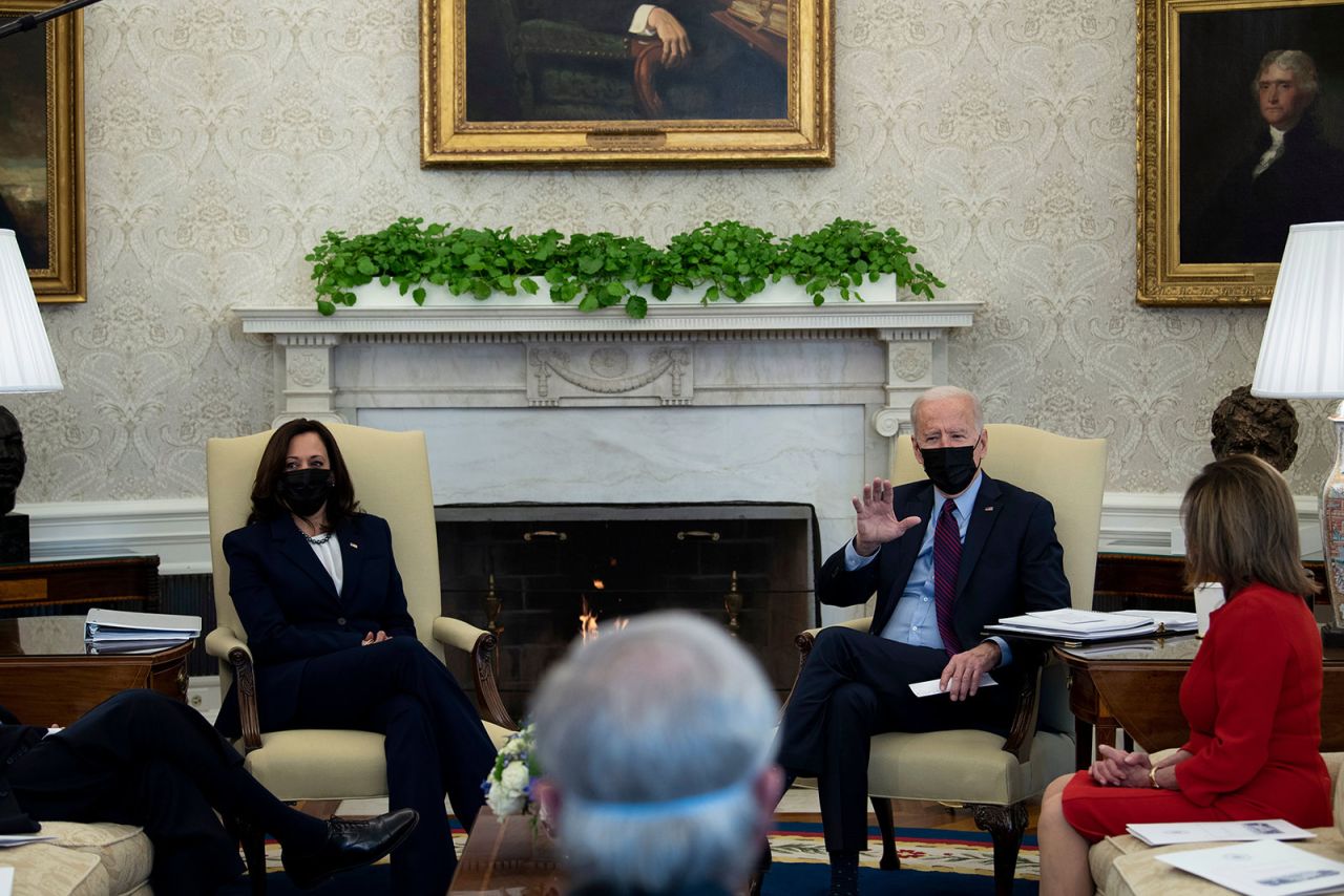 President Joe Biden and Vice President Kamala Harris hold a meeting in the Oval Office about the economy and Covid-19 relief on February 5.