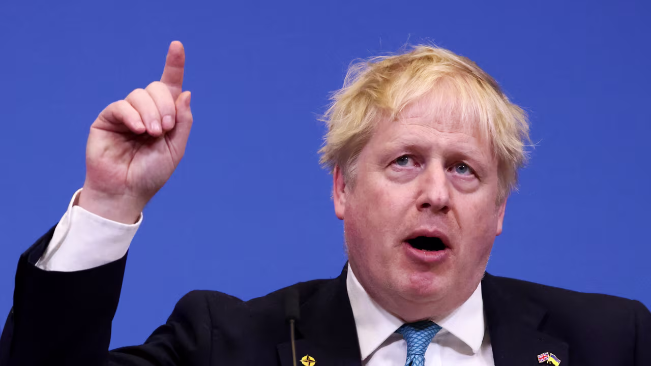 UK Prime Minister Boris Johnson addresses the media during a press conference following a NATO summit on March 24.