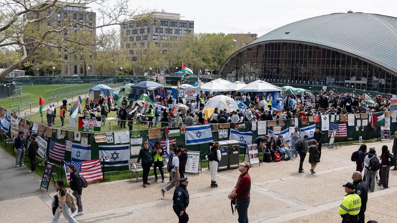 A general view of the MIT pro-Palestine emcampmenbt with metal barricades surrounding it as seen on Friday, May 3.