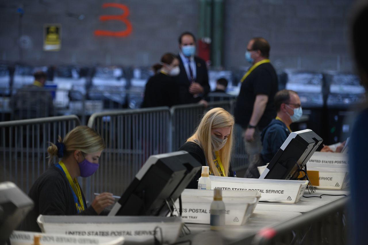 Election officials proceed with the counting of ballots at the Allegheny County elections warehouse on November 6, in Pittsburgh, Pennsylvania. 