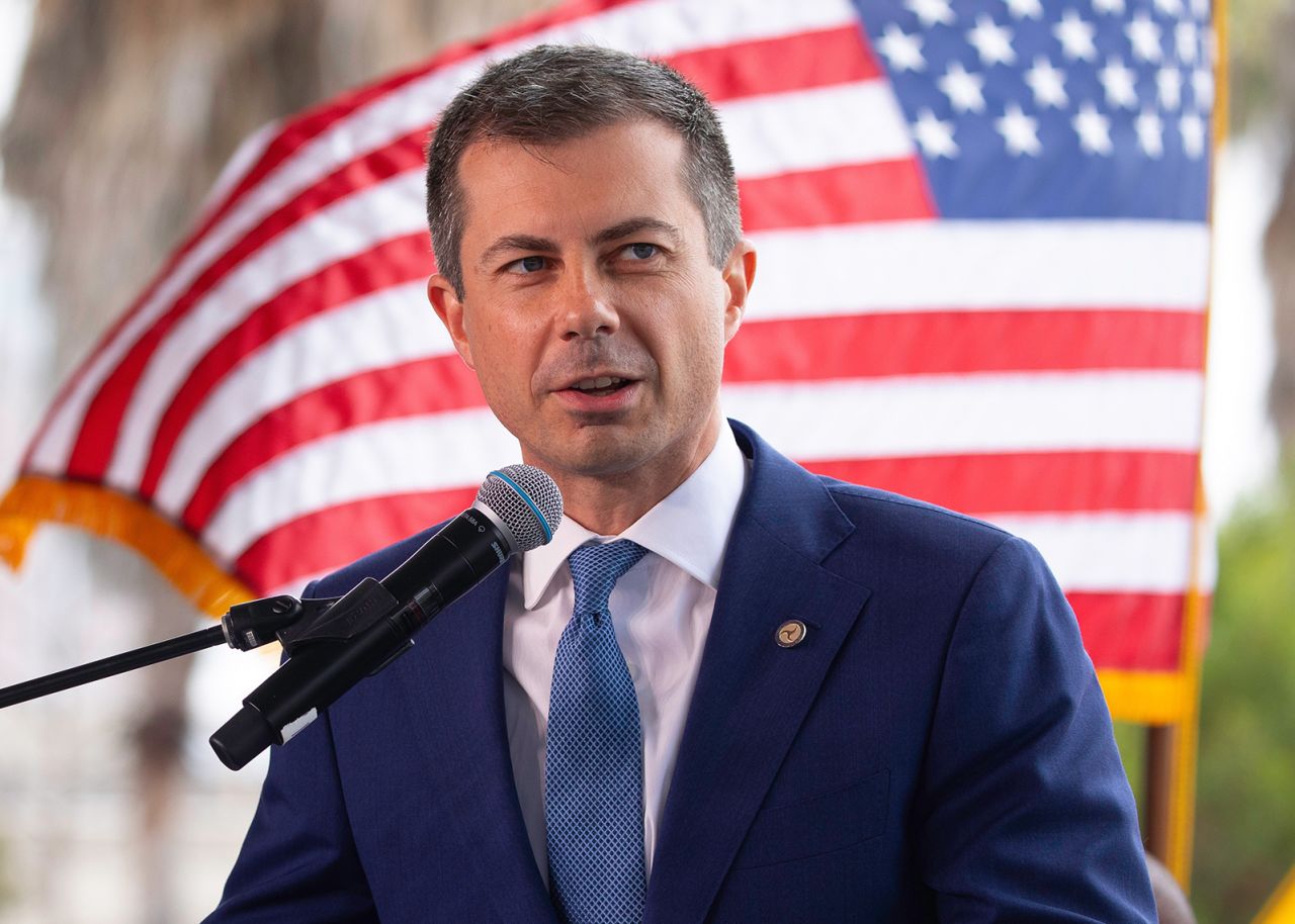 Pete Buttigieg, US Secretary of Transportation, speaks during a news conference in Long Beach, California, on July 18.