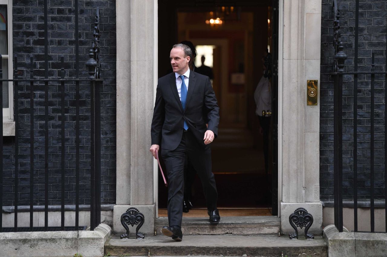Britain's Foreign Secretary Dominic Raab leaves number 10 Downing street in central London after the daily Covid-19 briefing on April 15. Raab, who is filling in for Prime Minister Boris Johnson, will participate in a G7 leaders conference call on Thursday.