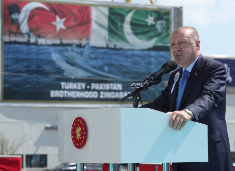 Turkey's President Recep Tayyip Erdogan speaks during a naval ceremony, in Istanbul, Turkey, on August 15.