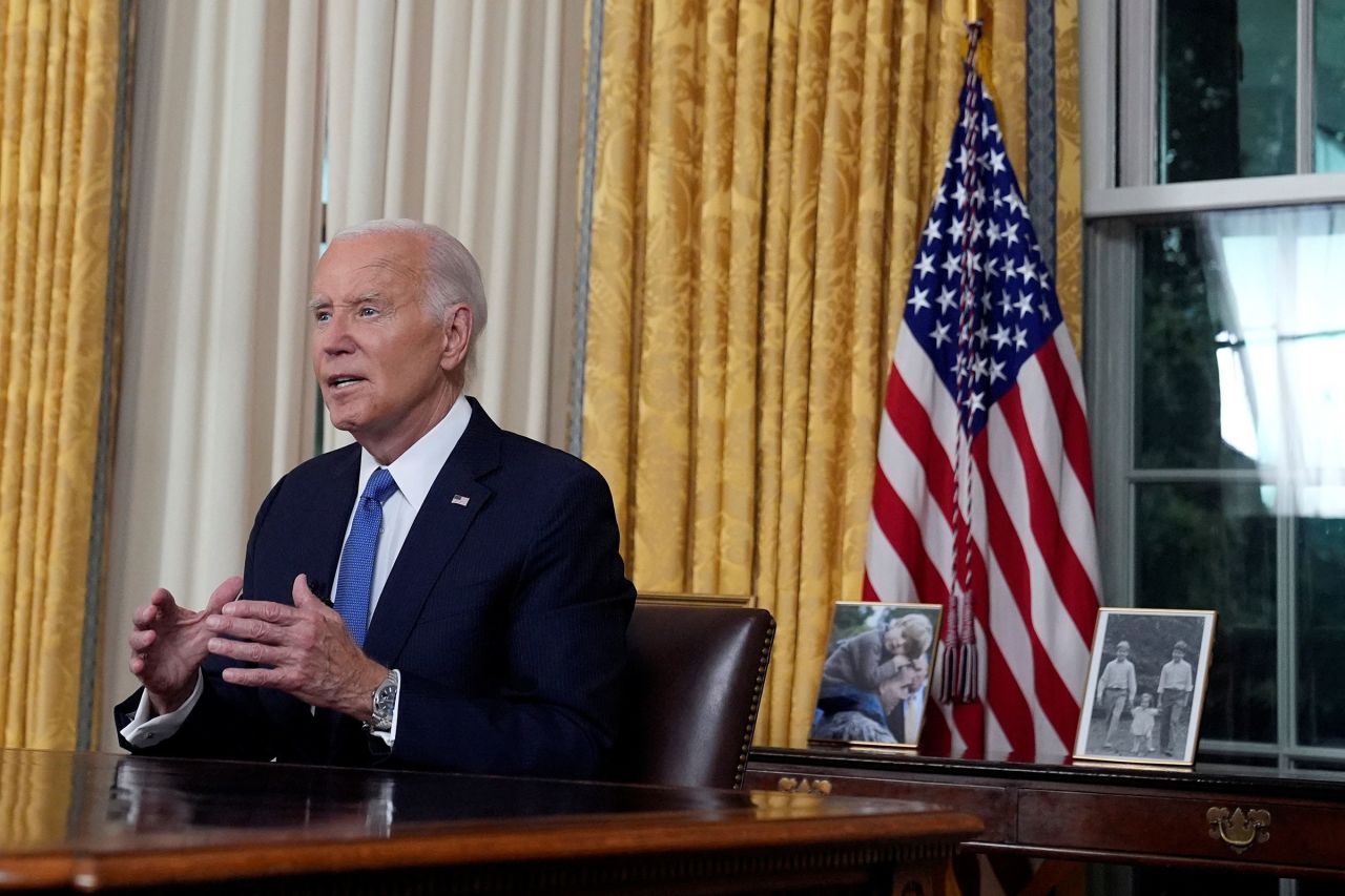 President Joe Biden addresses the nation from the Oval Office of the White House in Washington, Wednesday, DC, on July 24, about his decision to drop his Democratic presidential reelection bid. 