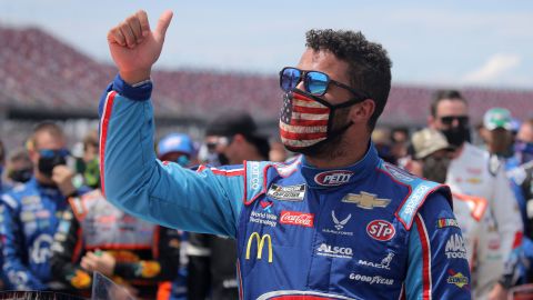 Bubba Wallace gives a thumbs up prior to the NASCAR Cup Series GEICO 500 at Talladega Superspeedway on June 22 in Talladega, Alabama. 