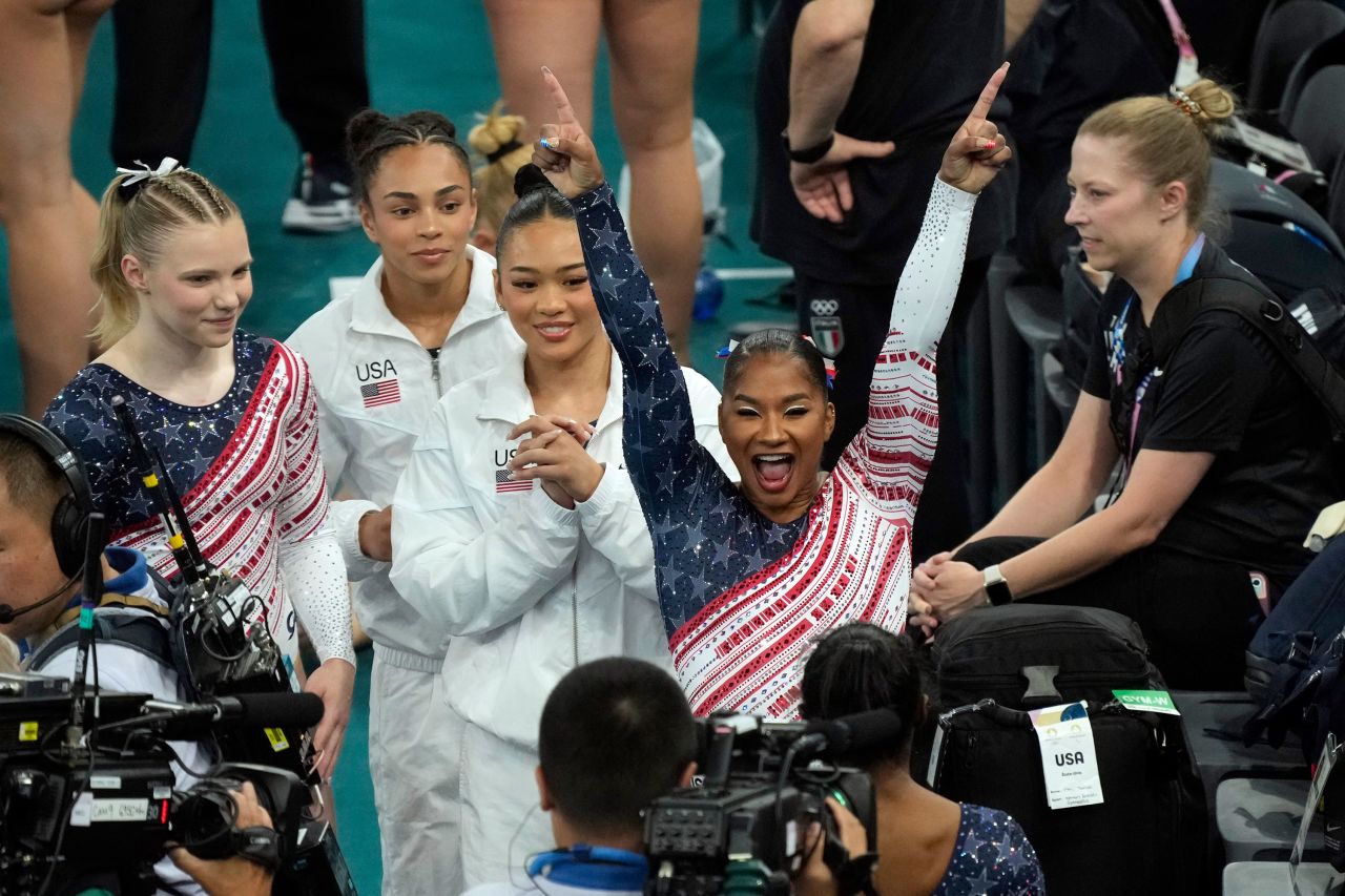Jordan Chiles celebrates with her teammates during competition on Tuesday.
