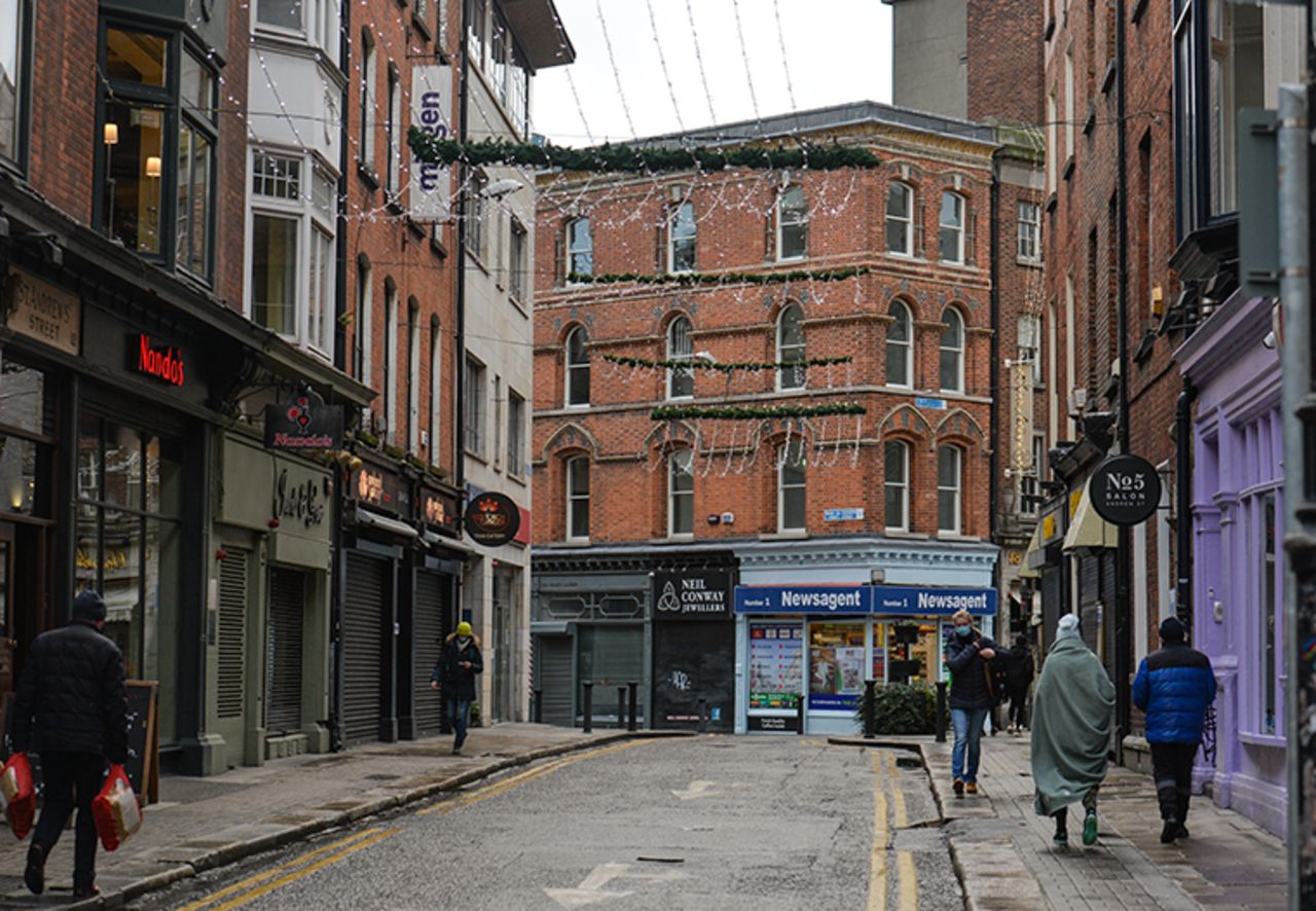 An empty street in Dublin city center on Monday, January 4, 2021, in Dublin, Ireland.