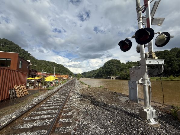 Railroad tracks parallel to the French Broad River in Marshall. The umbrellas are on the patio of the Old Marshall Jail Hotel.