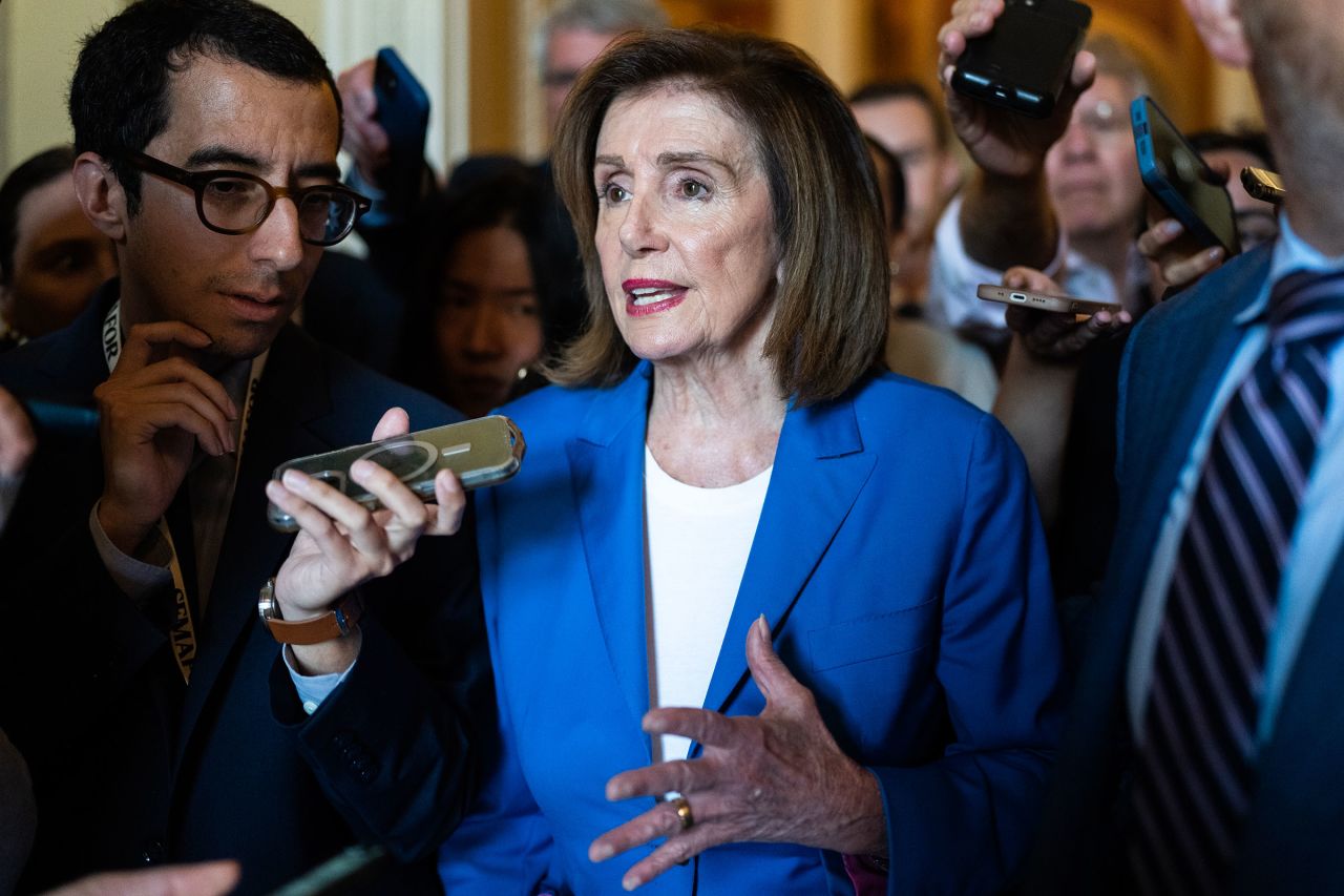 Rep. Nancy Pelosi talks with reporters in the US Capitol about the presidential debate between President Joe Biden and former President Donald Trump, on Friday, June 28.