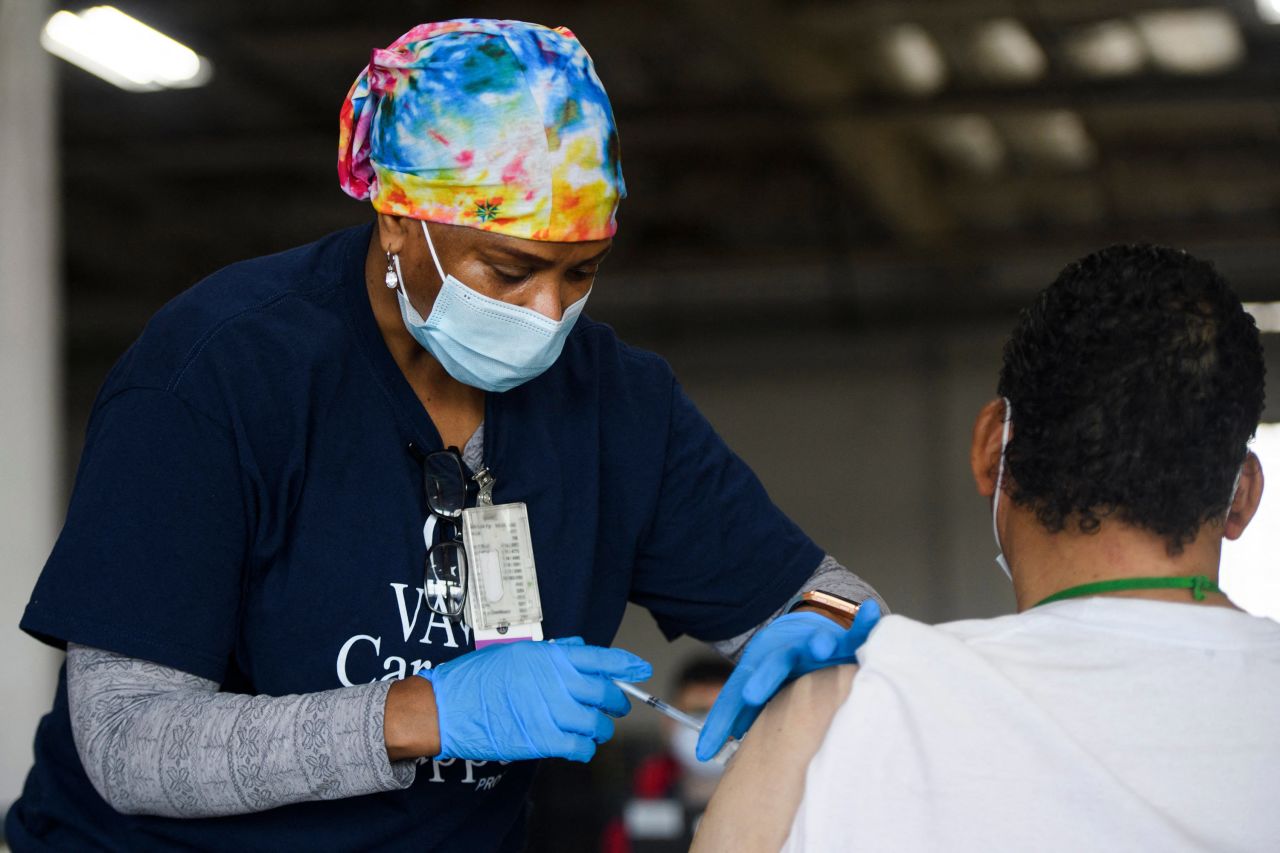 A registered nurse administers a dose of the Moderna Covid-19 vaccine at a Veterans Administration Long Beach Healthcare System pop-up vaccination site at the Dae Hueng Presbyterian Church on April 17 in Gardena, California. 