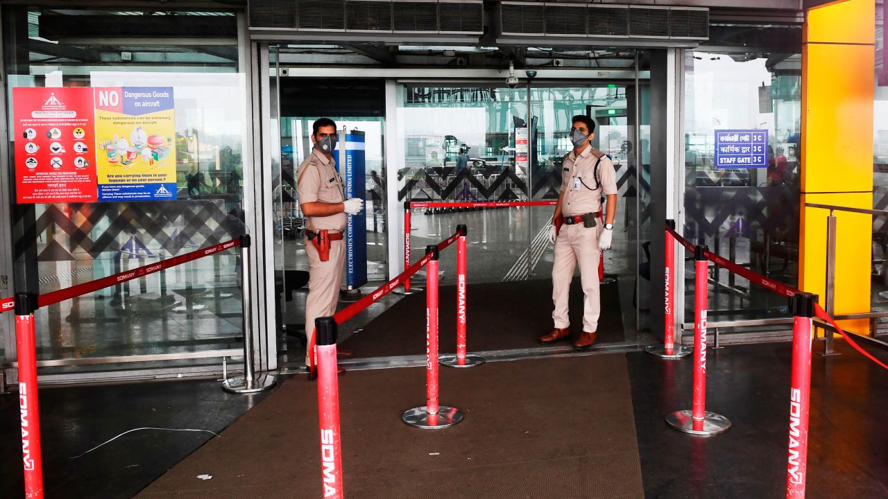 India's Central Industrial Security Force personnel stand at the entrance of Netaji Subhas Chandra Bose International Airport in Kolkata, India on March 7.